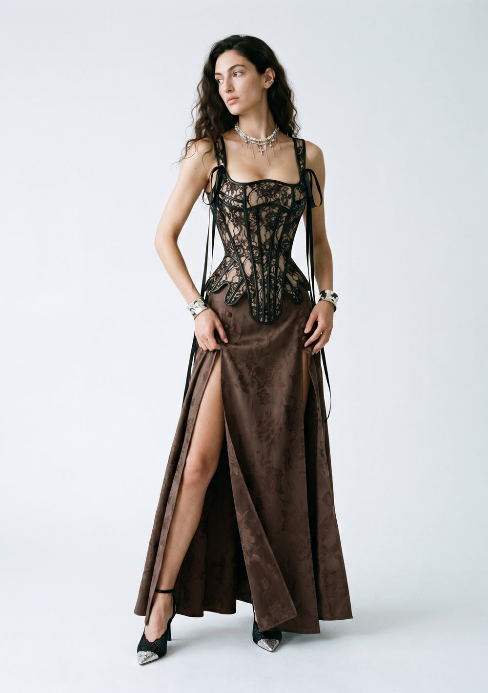 Brown Jacquard Maxi Skirt with Slits - Baroque
