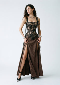 La Musa Baroque brown floral-jacquard maxi skirt with thigh-high slits and button placket, styled with the Baroque lace corset, full-length view
