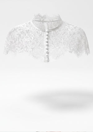 Etherea ivory floral lace capelet product view showing scalloped collar and covered-button front