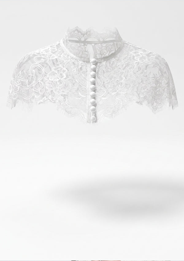 Etherea ivory floral lace capelet product view showing scalloped collar and covered-button front