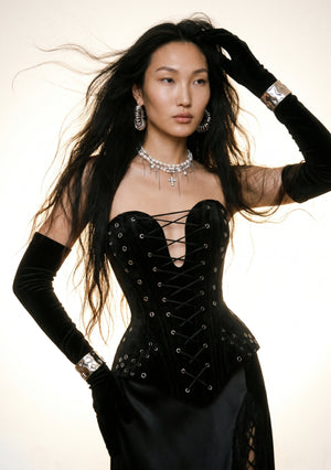 La Musa Midnight black velvet strapless overbust corset with silver-eyelet front lace-up, worn with velvet opera gloves, front view