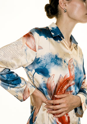 Sumi Set close-up detail of the satin shirt, showing the pointed collar, button placket, wide cuff and painted koi print