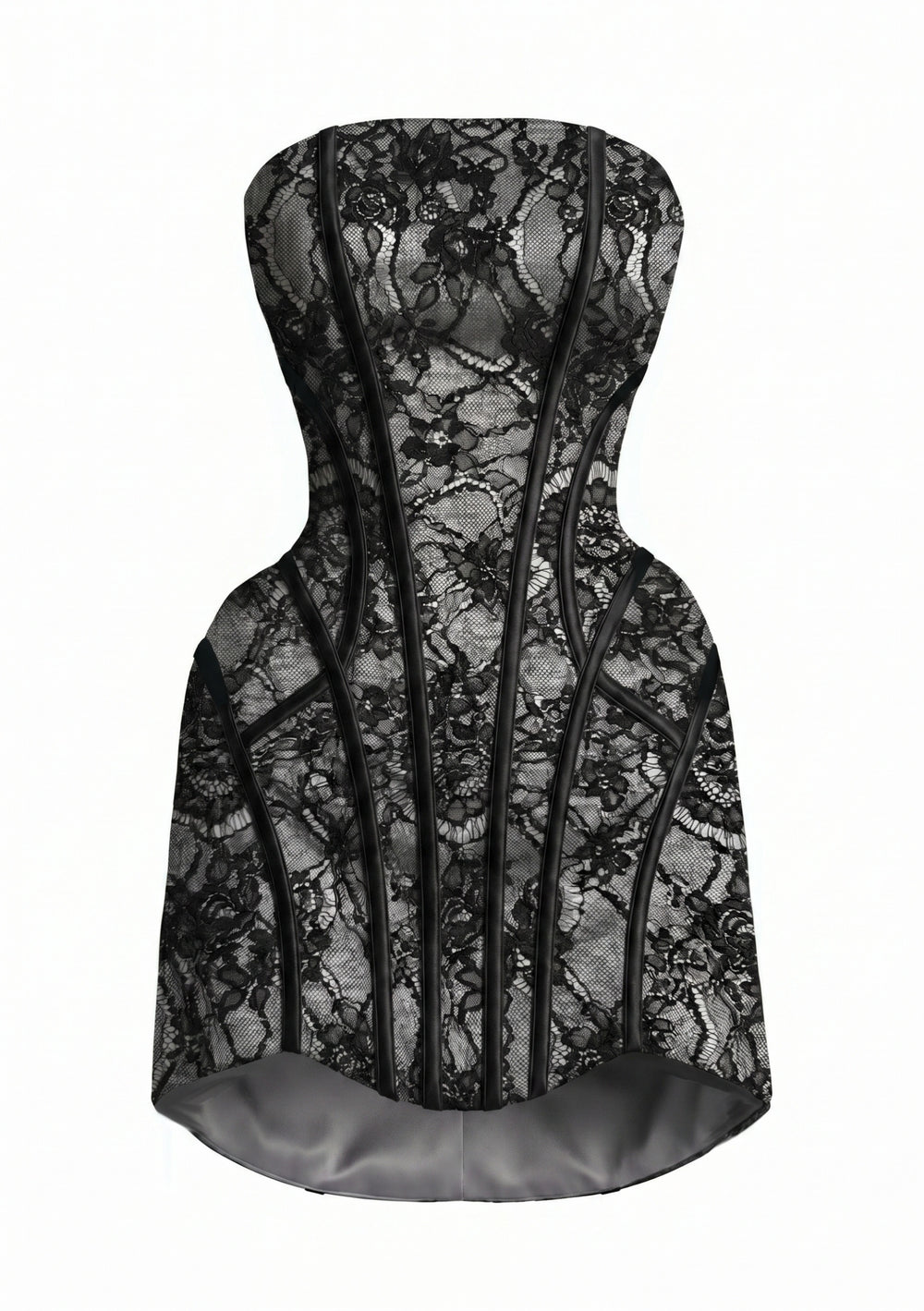 Eclipse Dress front view on-model with strapless corset bodice and black lace overlay, arms raised
