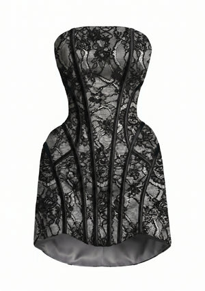 Eclipse Dress product-only front view, ghost mannequin, showing dimensional black lace over grey satin corset bodice and A-line skirt