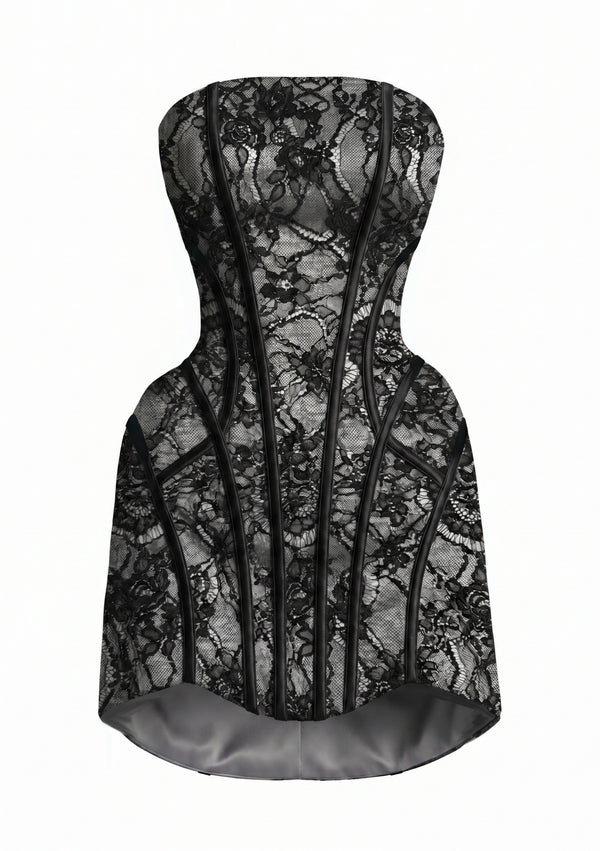 Eclipse Dress product-only front view, ghost mannequin, showing dimensional black lace over grey satin corset bodice and A-line skirt