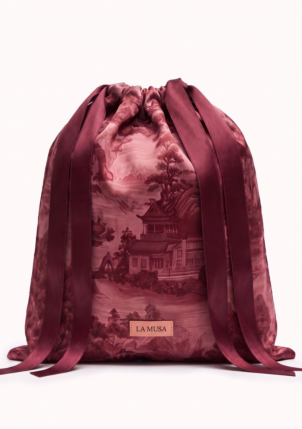 Crimson Dusk Sleep Set with pillowcase, eye mask, scrunchie and pouch in deep burgundy landscape print with pagodas and mountains
