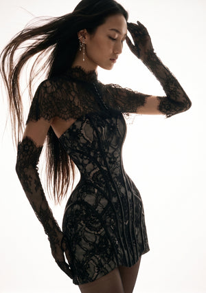 Eclipse Dress front three-quarter view styled with lace capelet, close on strapless corset bodice