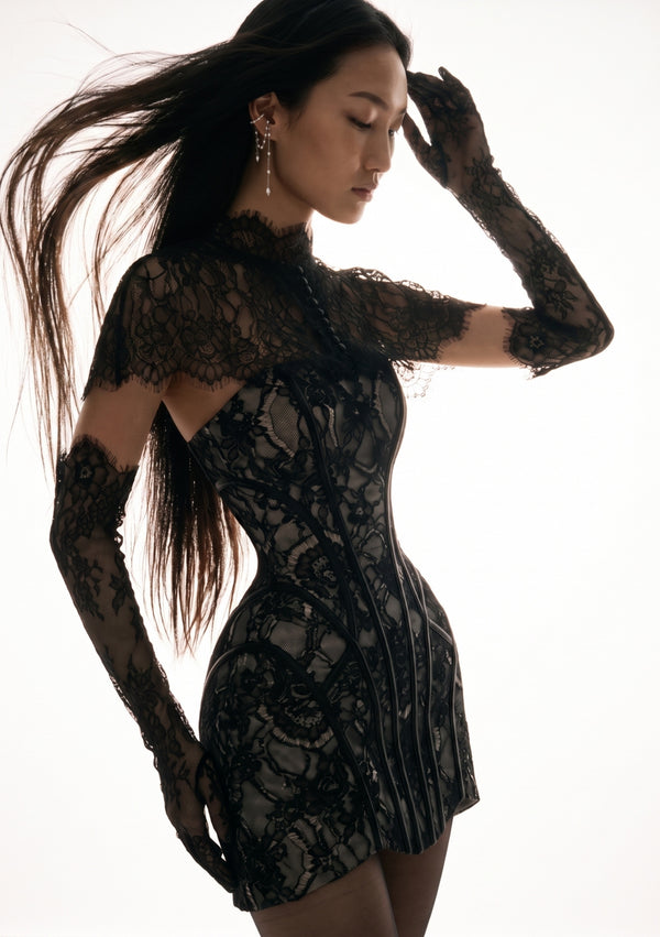 Eclipse Dress front three-quarter view styled with lace capelet, close on strapless corset bodice