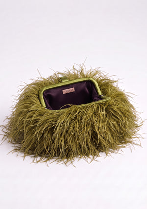 Olive Feather Bag open: olive green ostrich feather clutch with a matching frame and plum lining.
