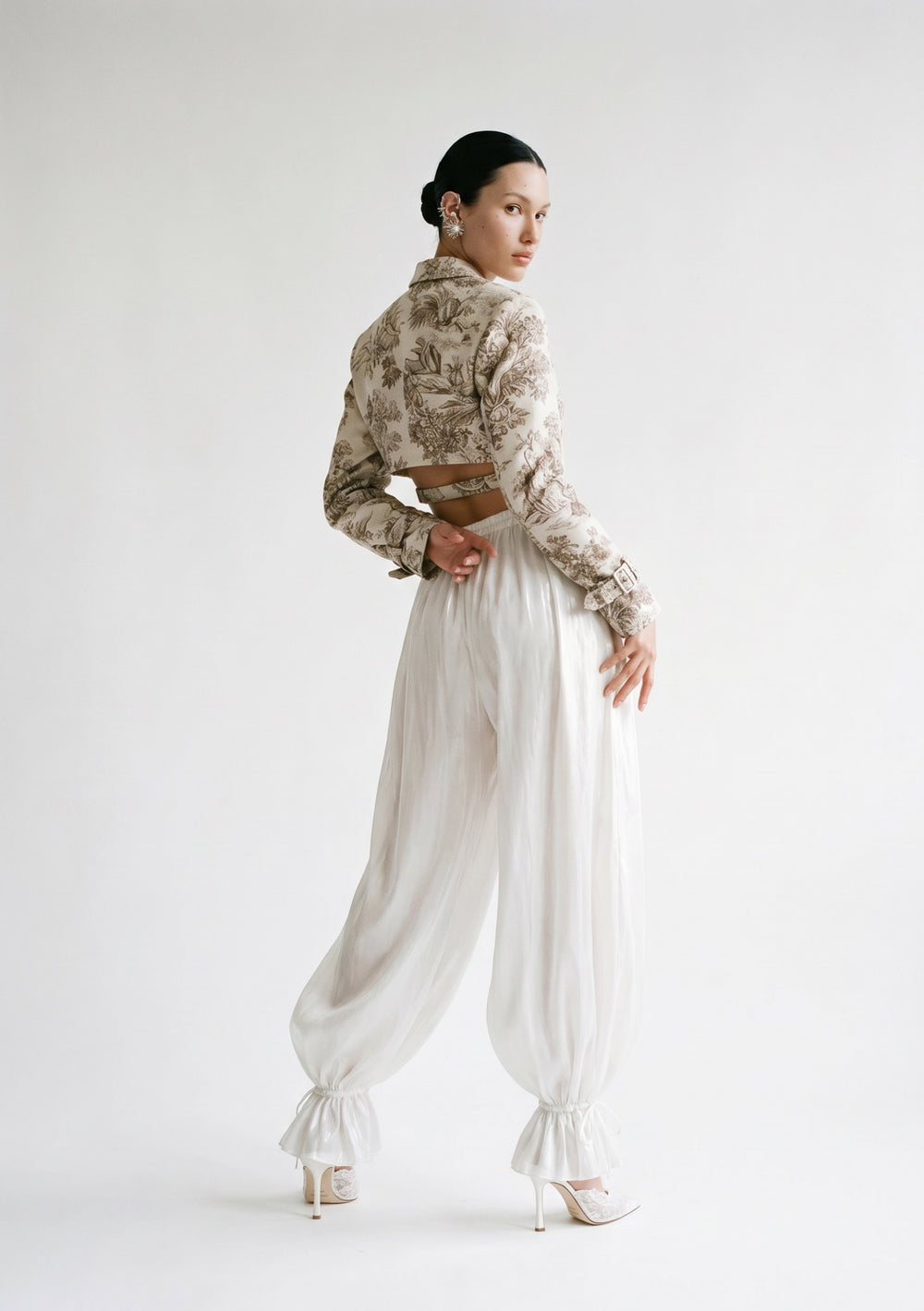 Lunaria Pants ivory sheer organza balloon pants back view styled with Savoy Blazer toile print