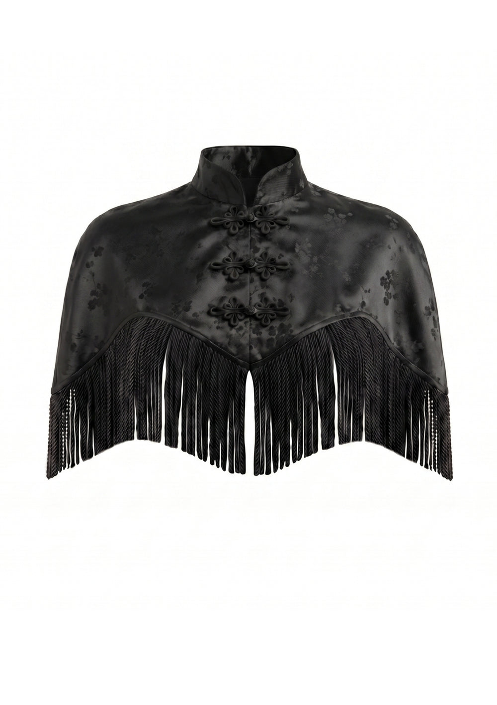 La Musa Baccara capelet close-up: satin jacquard floral weave, mandarin collar, frog closures and fringe