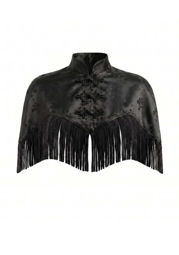 La Musa Baccara Cape product shot: cropped black satin-jacquard capelet with a mandarin collar, three frog closures and a dense fringe hem