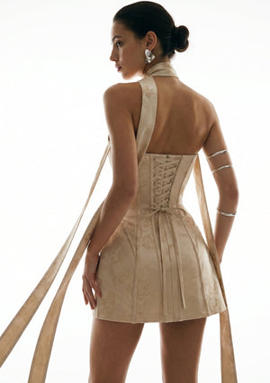 Nacre dress back view with corset lace-up and champagne floral jacquard