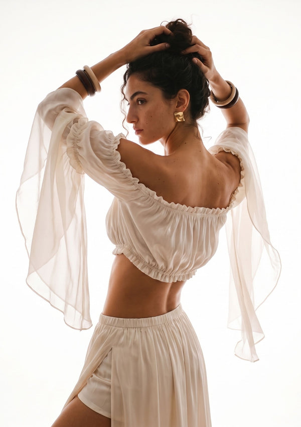 Sirocco detachable satin-chiffon sleeves with ruffle bands and flared cuffs, product view