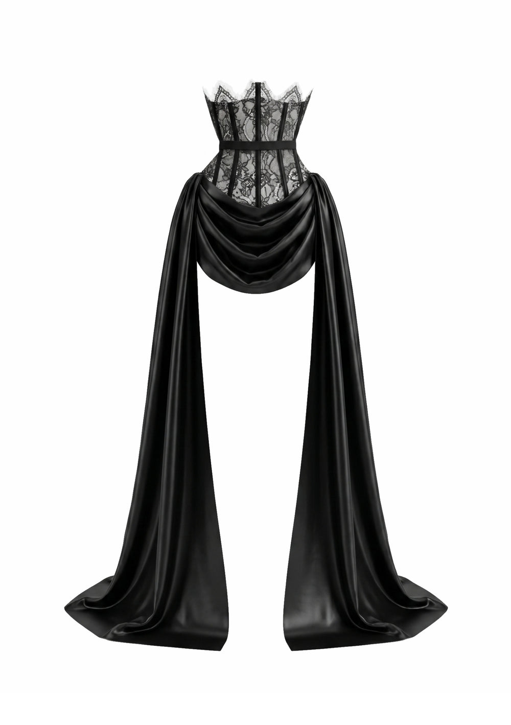 Model wears the black satin Baccara corset-waist mini skirt with draped front and long satin trains over floral lace tights, full-length front view