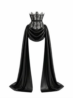 Black satin Baccara skirt on a sheer-lace underbust corset waist with two long satin side trains, product view