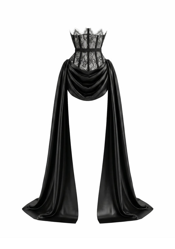 Black satin Baccara skirt on a sheer-lace underbust corset waist with two long satin side trains, product view