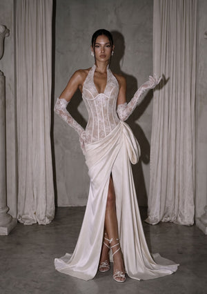 Calla wedding dress with detachable skirt, full-length front view with the high front slit