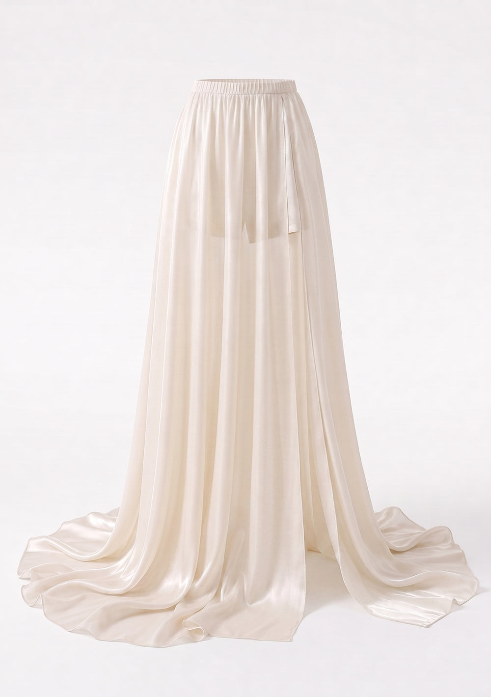 Sirocco cream satin-chiffon maxi skirt front full-length view worn on-model with high slit and the matching crop top
