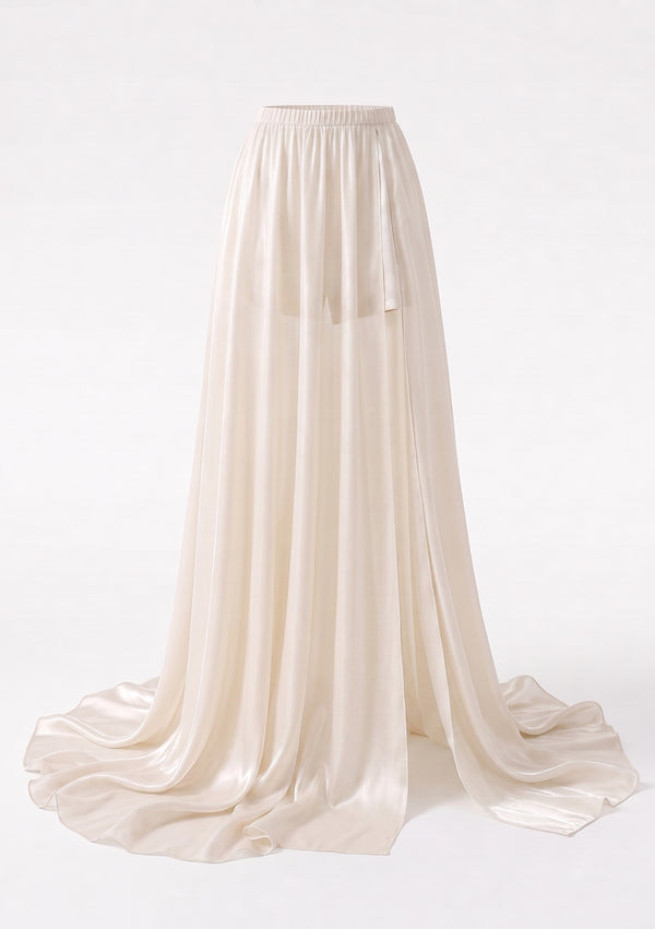 Sirocco cream satin-chiffon maxi skirt product view showing the built-in short base and floor-sweeping train