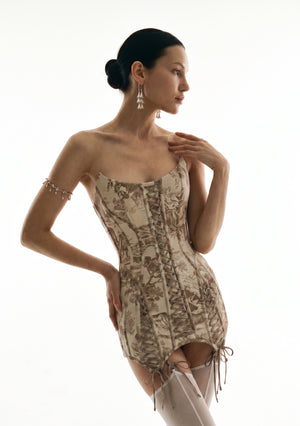 Ivoria toile corset mini dress three quarter front view with central lace-up bodice