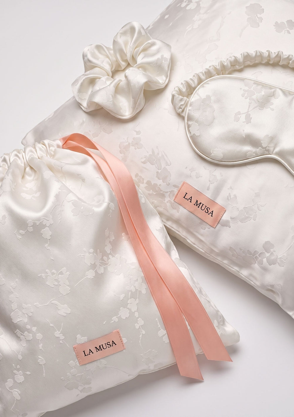 Moonveil Sleep Set with pillowcase, eye mask, scrunchie and pouch in ivory woven floral jacquard