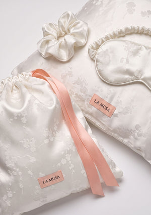 Moonveil Sleep Set with pillowcase, eye mask, scrunchie and pouch in ivory woven floral jacquard