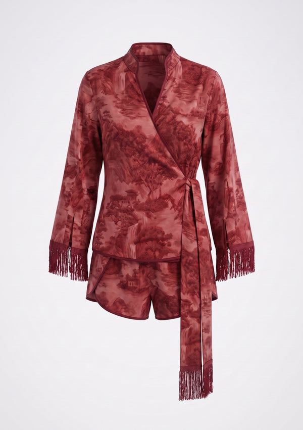 Crimson Dusk Mini Set, product-only view of the burgundy satin wrap top and matching mini shorts with silk fringe cuffs and long fringed sash