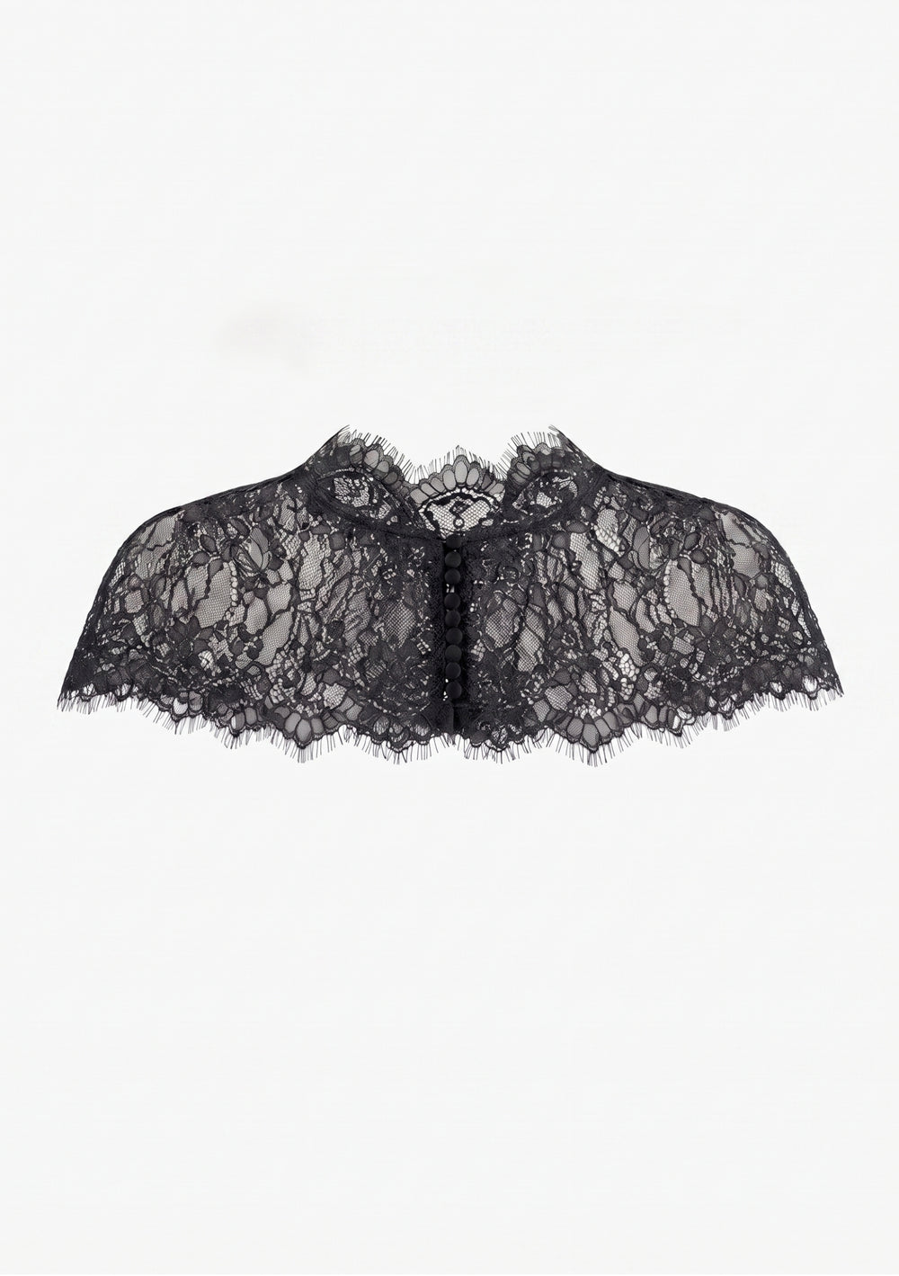 Close-up of Eclipse Cape mandarin collar and fabric-covered button closure over a black lace corset