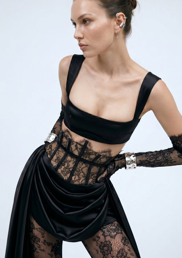 Side view of the black satin Baccara Top over the Baccara lace corset skirt
