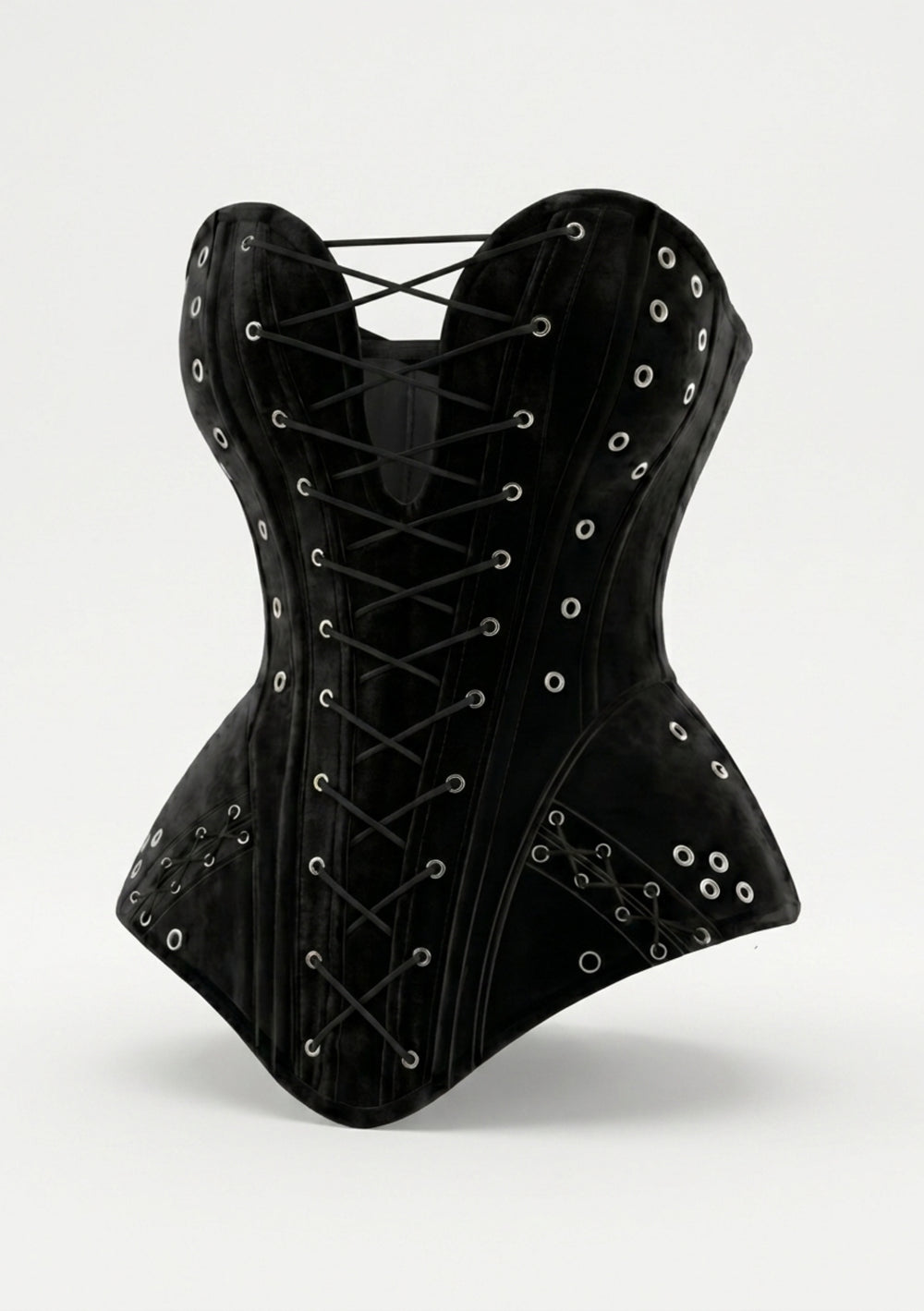 La Musa Midnight black velvet strapless corset, close-up of the sweetheart neckline and silver-eyelet front lace-up