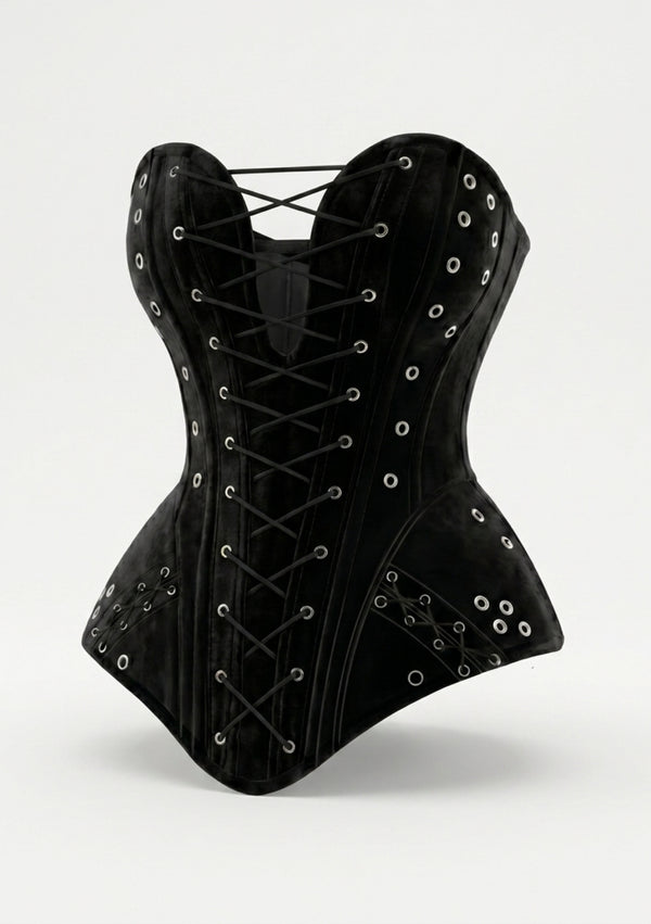 La Musa Midnight Corset product shot: black velvet strapless overbust corset with a sweetheart neckline, silver-eyelet front lace-up and grommet-trimmed hip flaps