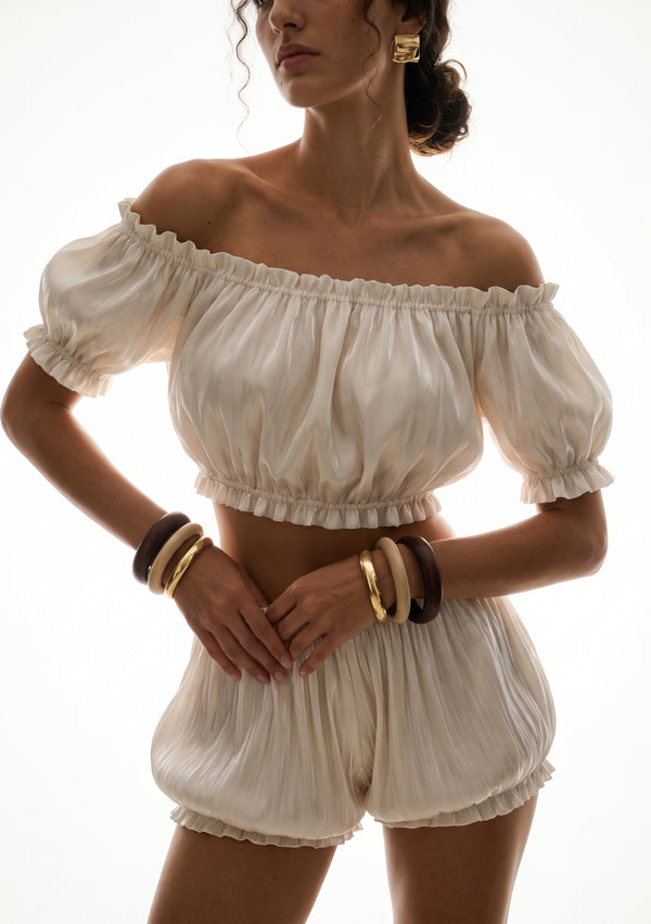Sirocco cream satin-chiffon bloomer shorts front detail worn on-model with the matching crop top