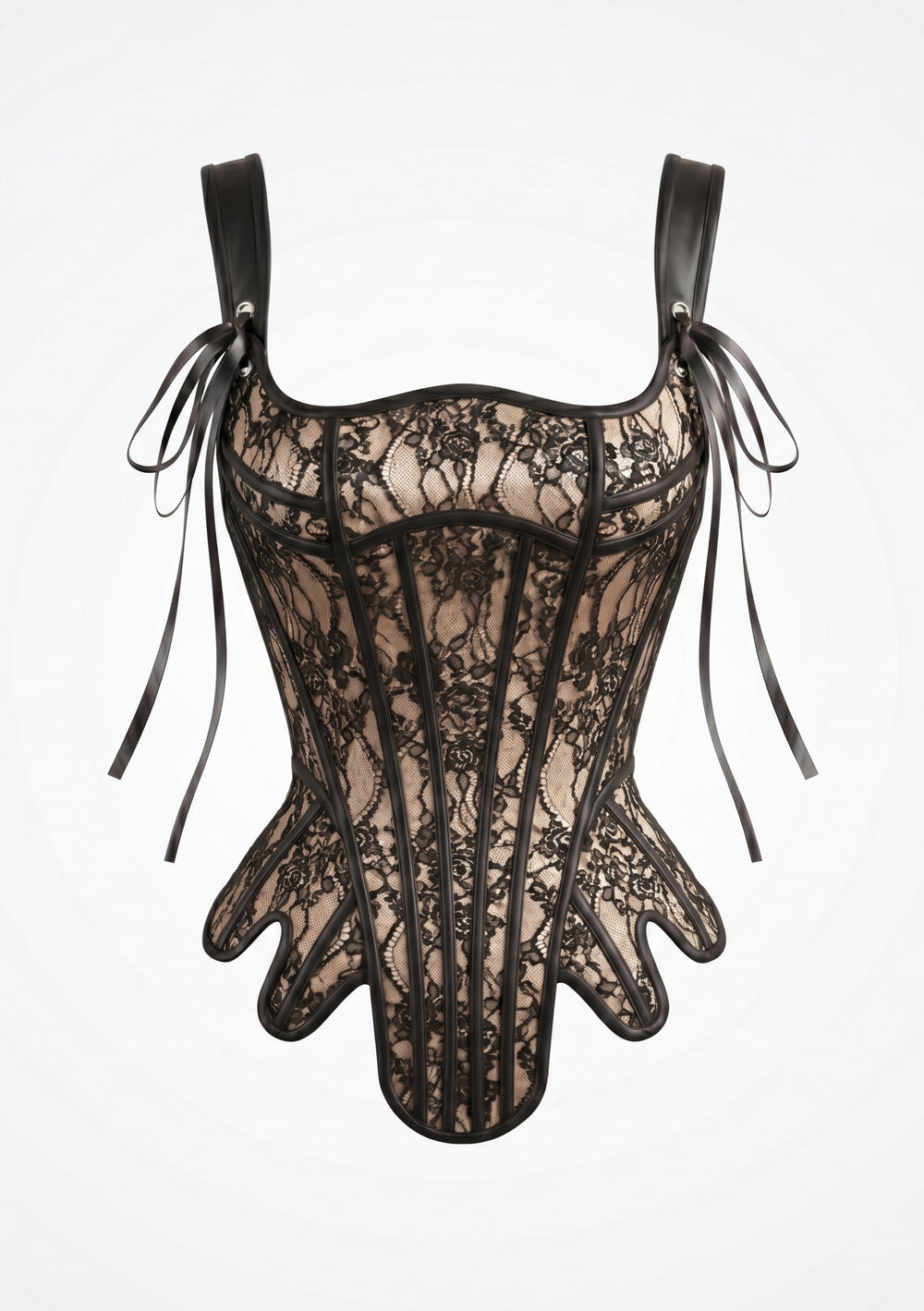 La Musa Baroque lace corset top worn strapless with a lace choker and sheer lace gloves, styled with the Baroque skirt