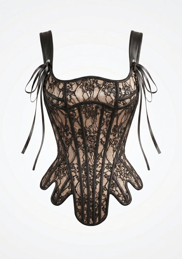 La Musa Baroque Lace Corset product shot: sheer black floral-lace overbust corset top with detachable satin ribbon-tie straps, square neckline and scalloped satin-bound hem