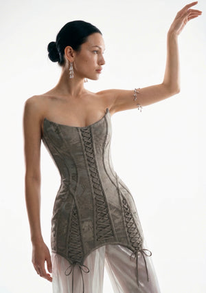 Grey jacquard Lucentia corset mini dress, front three-quarter view on model