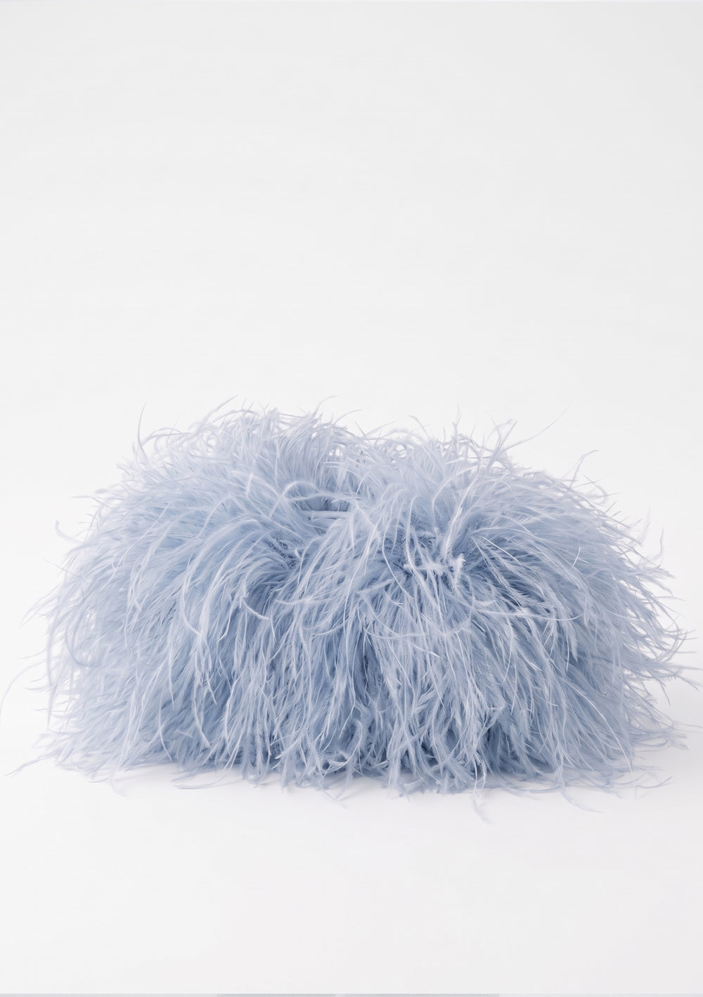 Blue Feather Bag open: pale blue ostrich feather clutch with a blue fabric-covered frame and plum lining.