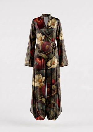 Eden silk set shown flat, showing the wrap top with its self-tie sash, wide flared sleeves and matching wide-leg trousers