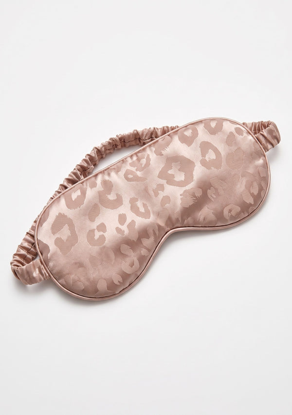 Feline padded contoured eye mask in warm beige-rose woven leopard jacquard