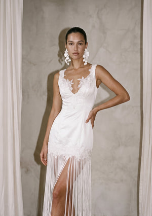 Lily fringe bridal dress, front view with the fringe parting over the leg