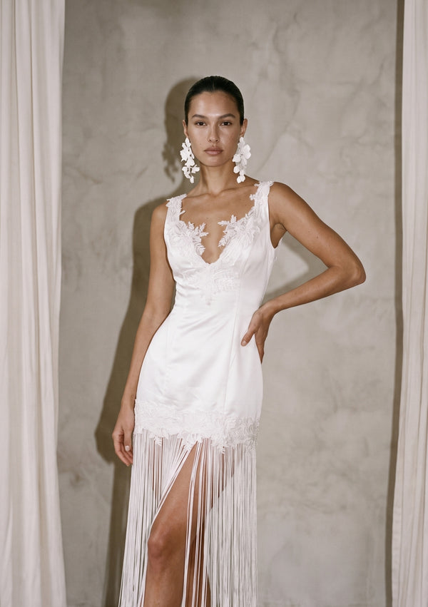 Lily fringe bridal dress, front view with the fringe parting over the leg