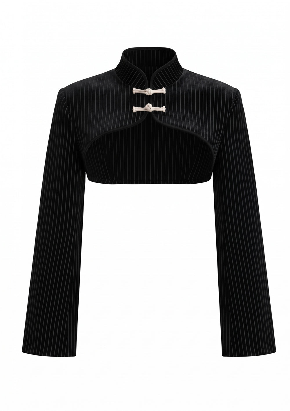 Ravenna black pinstripe cropped blazer on model, stand collar and cream knot closures above a curved open front, worn over the Ravenna Dress, waist-up view