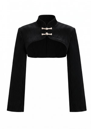 Ravenna black pinstripe cropped blazer laid flat, high stand collar, curved open front, two cream knot closures and long sleeves