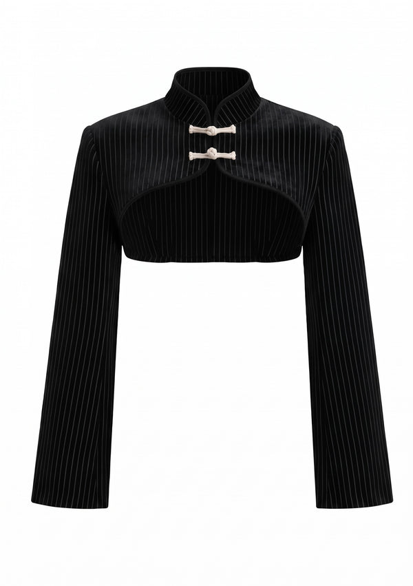 Ravenna black pinstripe cropped blazer laid flat, high stand collar, curved open front, two cream knot closures and long sleeves