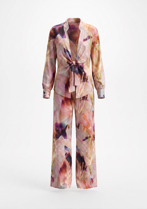 Opalia silk pajama set shown flat, showing the tie-front shirt with its long self-tie and the matching wide-leg trousers