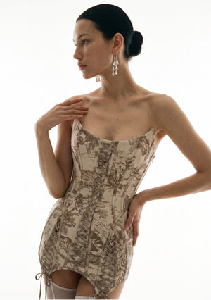 Ivoria toile corset mini dress three quarter front view with side lace-up panels