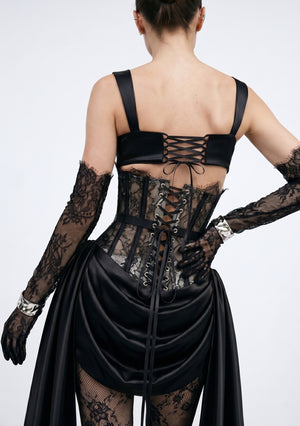 Back of the Baccara skirt showing the sheer-lace corset waist and center-back lace-up