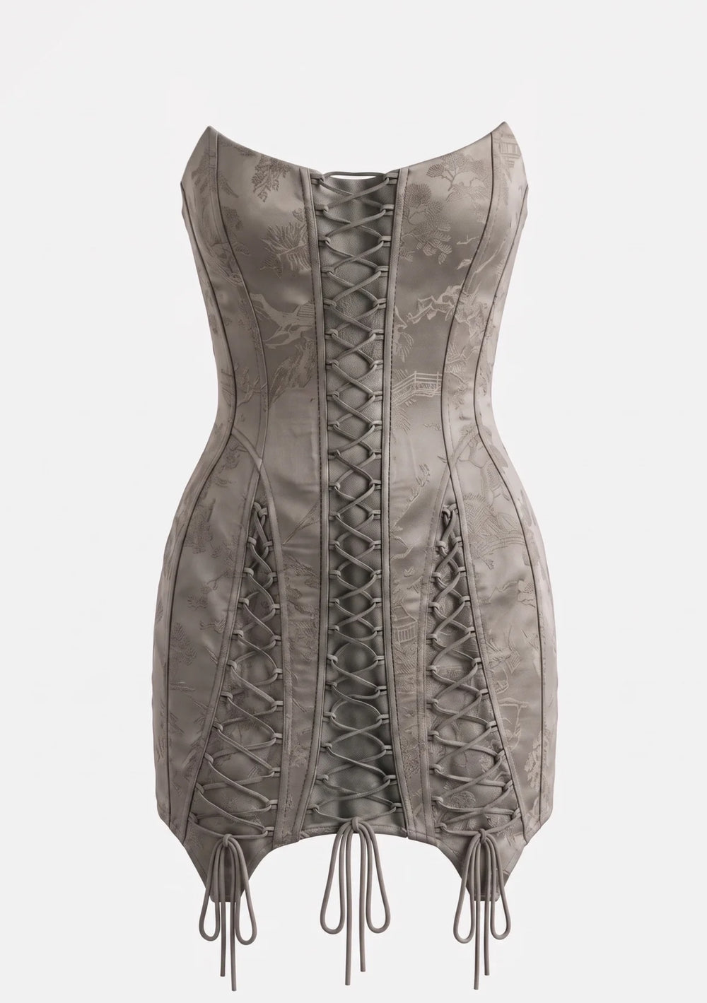 Lucentia grey jacquard corset mini dress on model, close front view of the strapless boned bodice, centre and side lace-up panels and tonal woven landscape motif