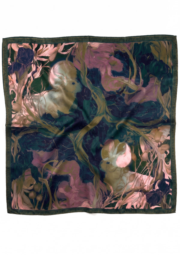 Selene silk scarf shown flat as a full square, two white hares among irises and golden vines on deep green