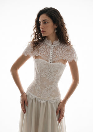 Etherea ivory lace shoulder capelet detail of floral lace and scalloped edge
